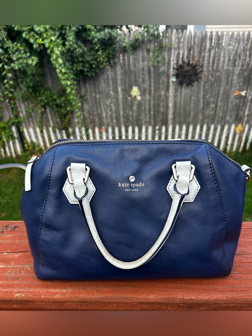 Kate Spade PXRU4617 Navy Leather Satchel Handbag Purse White Handles